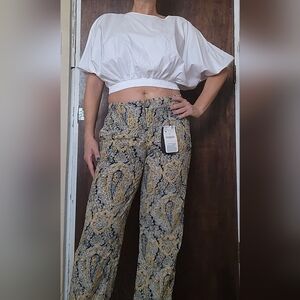 Zara Black and Gold Paisley Straight Leg Pants